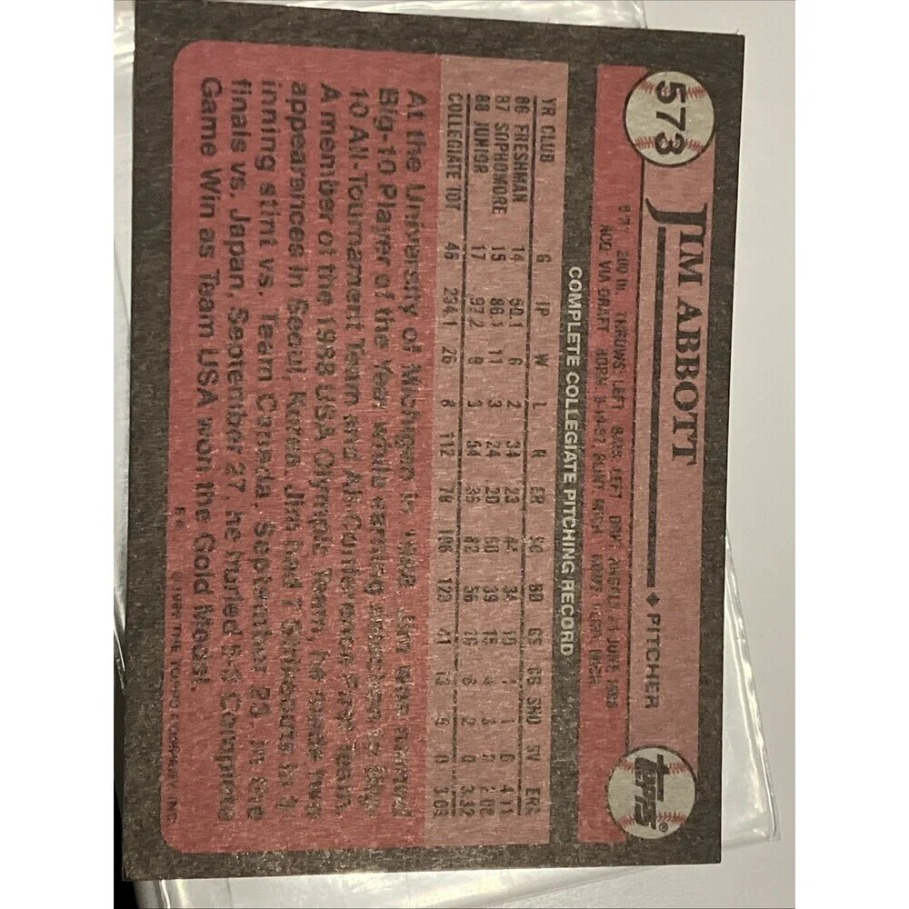 1989 Topps Jim Abbott #573 Collector's Edition (Tiffany) (RC)
